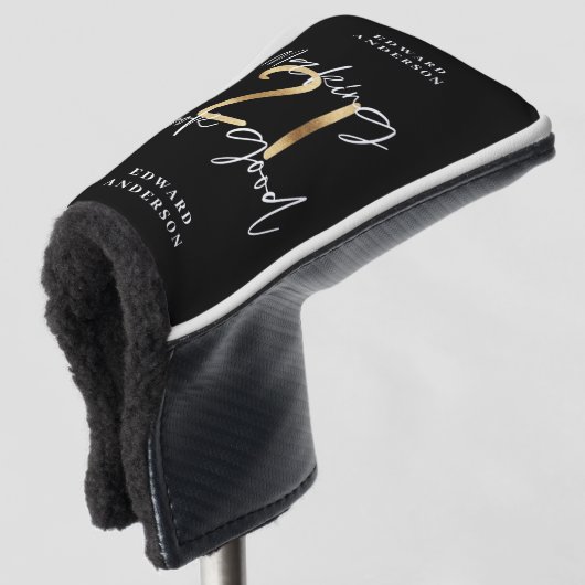 Zwart en goud 21ste verjaardag modern script stijl golfheadcover (3/4 voorkant)