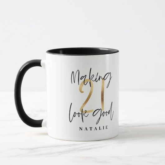Zwart en goud 21ste verjaardag modern script stijl mok (Links)