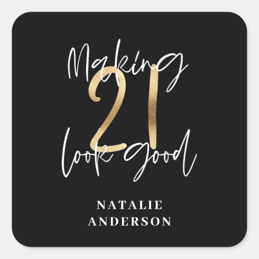 Zwart en goud 21ste verjaardag modern script stijl vierkante sticker (Voorkant)
