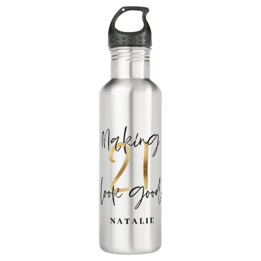 Zwart en goud 21ste verjaardag modern script stijl waterfles  (Voorkant)