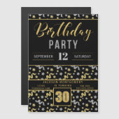 Zwart en Goud 30e Verjaardagsfeestje Confetti Magnetische Uitnodiging (Voorkant / Achterkant)