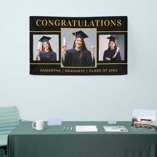 Zwart en Goud 3 Foto Afstuderen Gefeliciteerd Spandoek (Beurs)