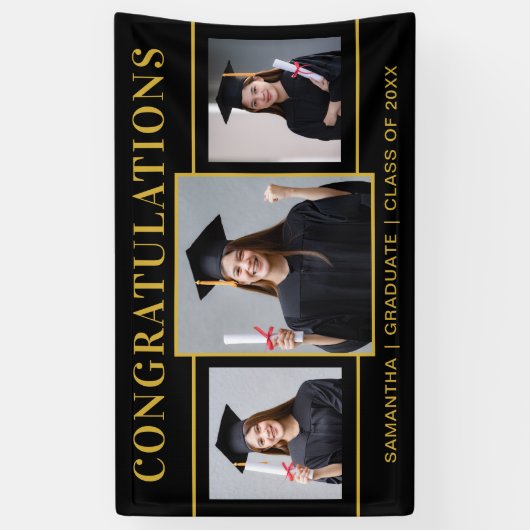 Zwart en Goud 3 Foto Afstuderen Gefeliciteerd Spandoek (Verticaal)