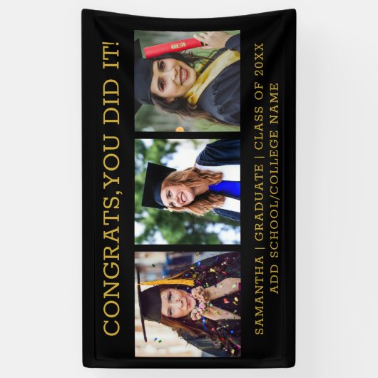 Zwart en Goud 3 Fotocollage Congrats Afstudeerder Spandoek (Verticaal)