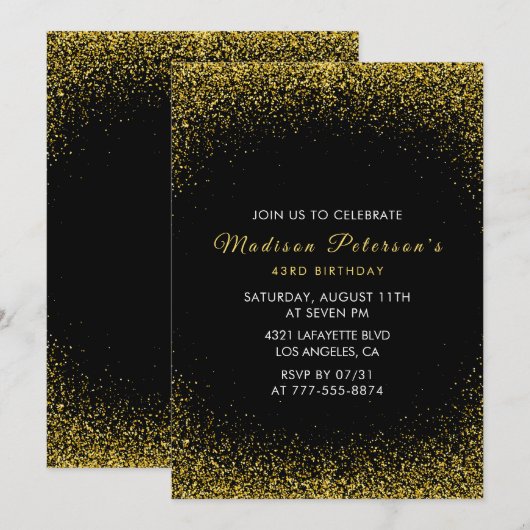 Zwart en Goud 43e verjaardag Glam Glitter Kaart (Voorkant / Achterkant)