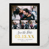 Zwart en Goud 4 Foto Save the Date Real Folie Uitnodiging (Voorkant)