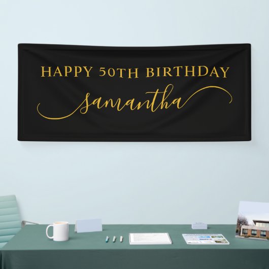 Zwart en goud 50e verjaardag gebogen swash naam spandoek (Beurs)