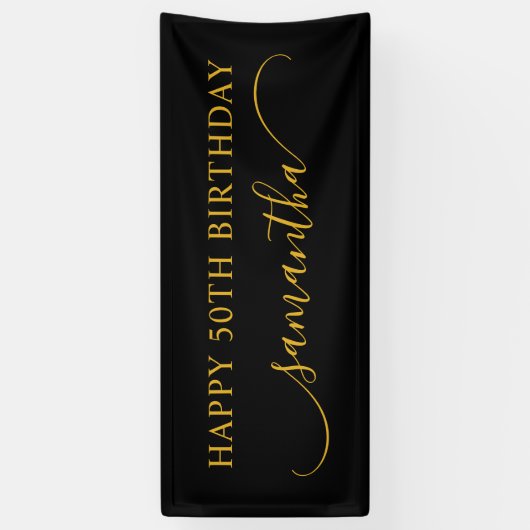 Zwart en goud 50e verjaardag gebogen swash naam spandoek (Verticaal)