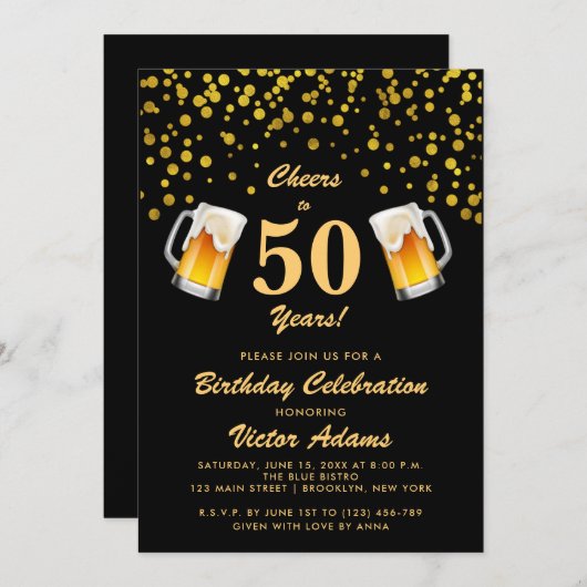 Zwart en Goud 50e Verjaardag | Proost en bier Kaart (Voorkant / Achterkant)