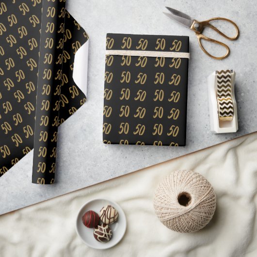Zwart en Goud 50e Verjaardag Verpakkingsdocument Cadeaupapier (Crafts)