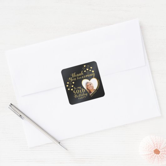 Zwart en Goud 50ste Verjaardag Custom Bedankt Vierkante Sticker (Envelop)