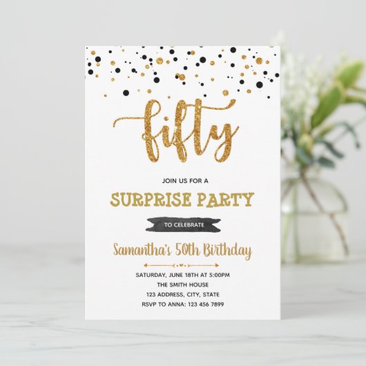 Zwart en goud 50ste verjaardag uitnodiging (Staand voorkant)