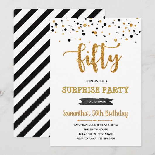 Zwart en goud 50ste verjaardag uitnodiging (Voorkant / Achterkant)