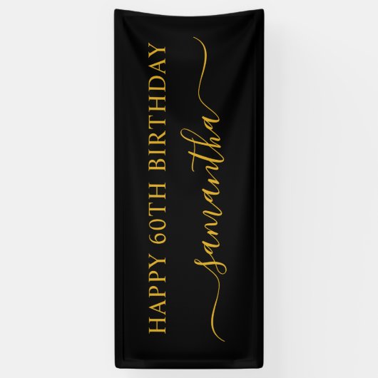 Zwart en Goud 60ste Verjaardag Elegante Swash Naam Spandoek (Verticaal)