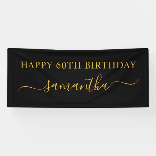 Zwart en Goud 60ste Verjaardag Elegante Swash Naam Spandoek (Horizontaal)