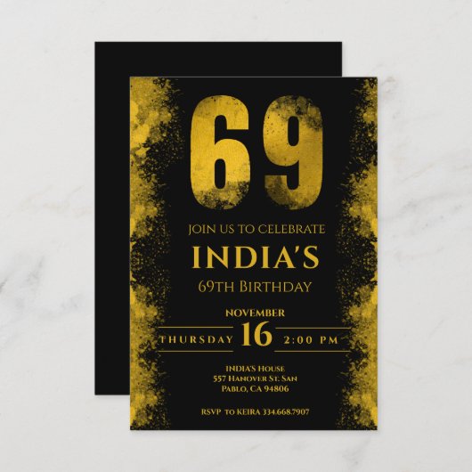 Zwart en Goud 69e Verjaardagsfeestje Kaart (Voorkant / Achterkant)