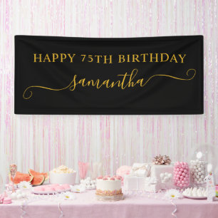 Zwart en Goud 75e Verjaardag Girly Swash Naam Spandoek