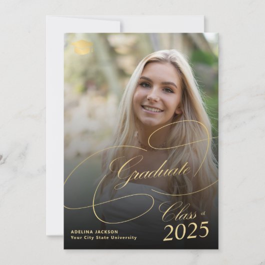 Zwart en goud afstuderen script foto afstuderen aankondiging (Voorkant)