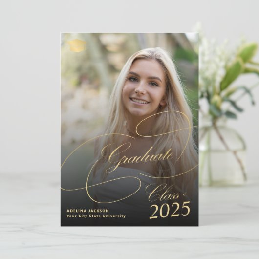 Zwart en goud afstuderen script foto afstuderen aankondiging (Staand voorkant)