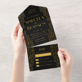 Zwart en Goud Art Deco Bruiloft All In One Uitnodiging (Afscheurbaar)
