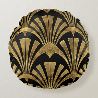 Zwart en goud art deco luxe patroon rond kussen