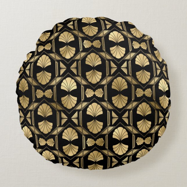 Zwart en Goud Art Deco Ronde Sierkussen Rond Kussen (Voorkant)