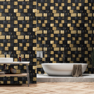 Zwart en goud bakstenen patroon behang