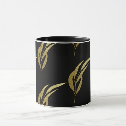 Zwart en Goud Blad Patroon Koffie Mok (Midden)
