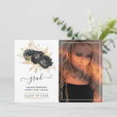 Zwart en Goud Bloemen Afstuderen Foto Aankondiging (Staand voorkant)