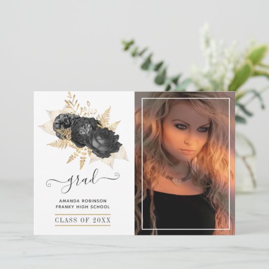 Zwart en Goud Bloemen Afstuderen Foto Aankondiging (Staand voorkant)