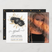 Zwart en Goud Bloemen Afstuderen Foto Aankondiging (Voorkant / Achterkant)