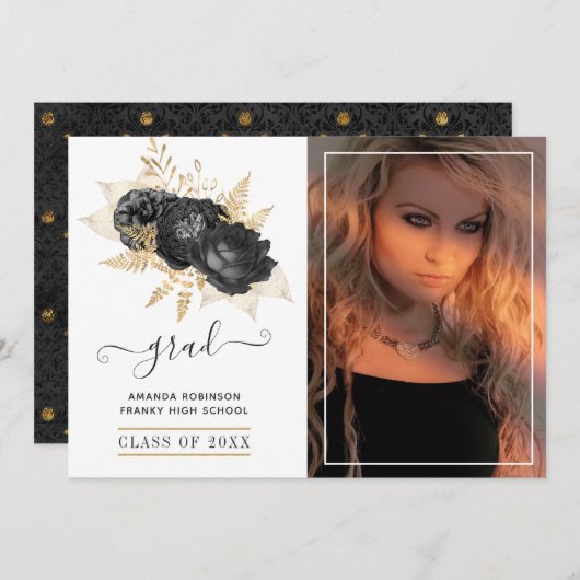 Zwart en Goud Bloemen Afstuderen Foto Aankondiging (Voorkant / Achterkant)