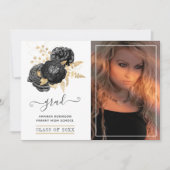 Zwart en Goud Bloemen Afstuderen Foto Aankondiging (Voorkant)