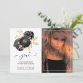 Zwart en Goud Bloemen Afstuderen Foto Aankondiging (Staand voorkant)