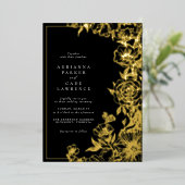 Zwart en Goud Bloemen | Formele humeurige bruiloft Folie Uitnodiging (Staand Voorkant)
