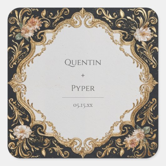 Zwart en Goud Bloemen Lijst bruiloft Sticker (Voorkant)