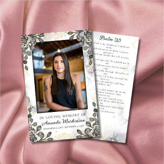 Zwart en Goud Bloemen Marmer Begrafenis Gebed Visitekaartje