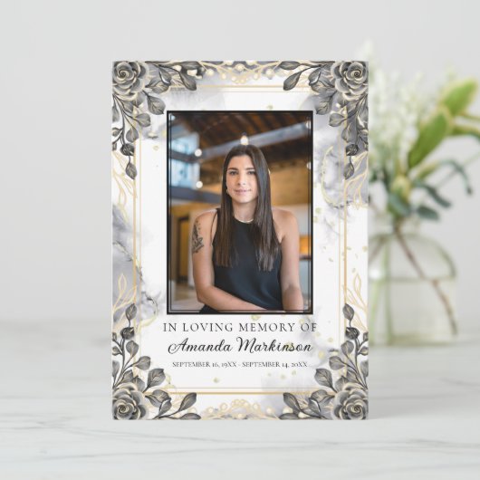 Zwart en Goud Bloemen Marmer Order of Service Programma (Staand voorkant)