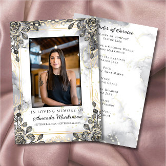 Zwart en Goud Bloemen Marmer Order of Service Programma