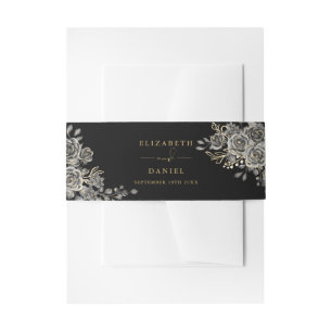Zwart en Goud Bloemen Rozen Gotische Bruiloft Uitnodigingen Wikkel