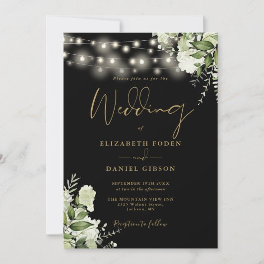 Zwart en Goud Bloemen String Lights Foto bruiloft Kaart (Voorkant)