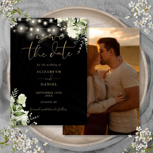 Zwart en Goud Bloemen String Lights Foto bruiloft Save The Date