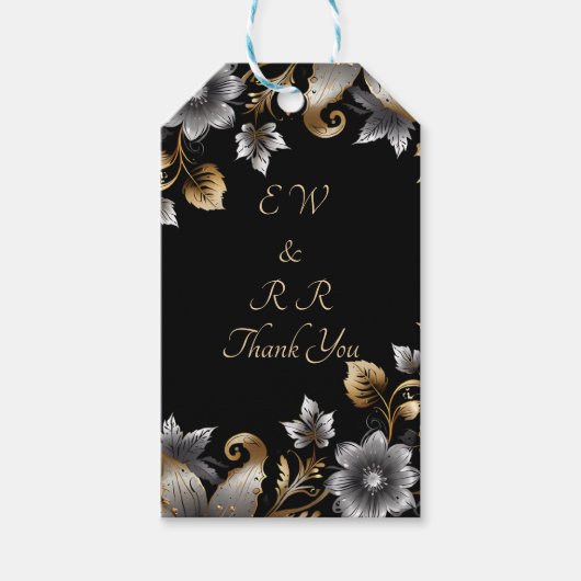 Zwart en Goud Bloemen Uitnodiging Sets Cadeaulabel (Voorkant)