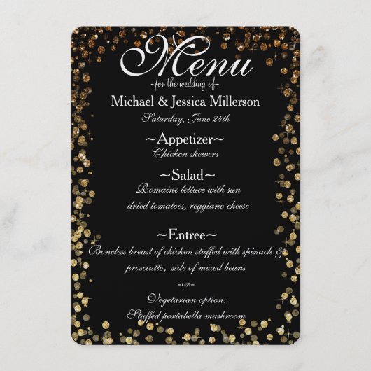 Zwart en Goud Bokeh Print Bruiloft Menu (Voorkant)
