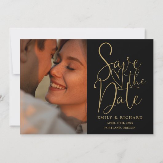 Zwart en goud bruiloft 2 foto Elegant script Save The Date (Voorkant)