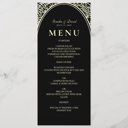 zwart en goud bruiloft diner menu (Voorkant)