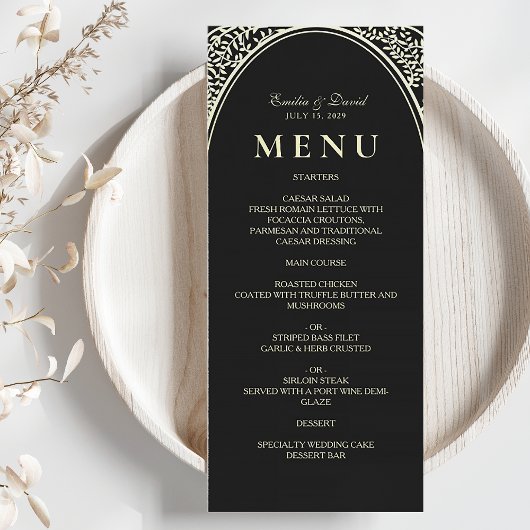 zwart en goud bruiloft diner menu