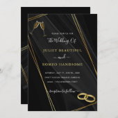 Zwart en Goud Bruiloft Uitnodiging Ringen Champagn (Voorkant / Achterkant)