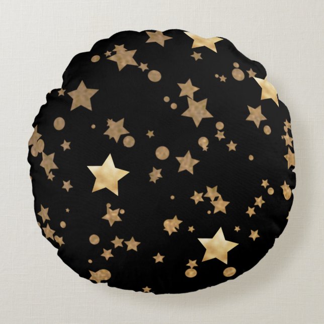 Zwart en Goud Celestial Stars en Polka Dots Rond Kussen (Voorkant)