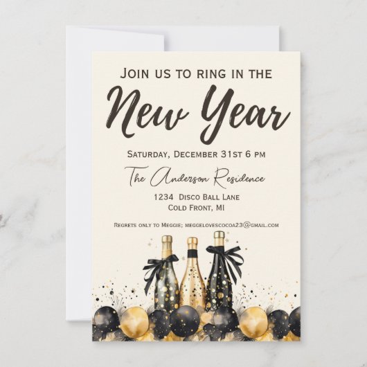 Zwart en Goud Champagne Oudejaarsavond Feest Kaart (Voorkant)
